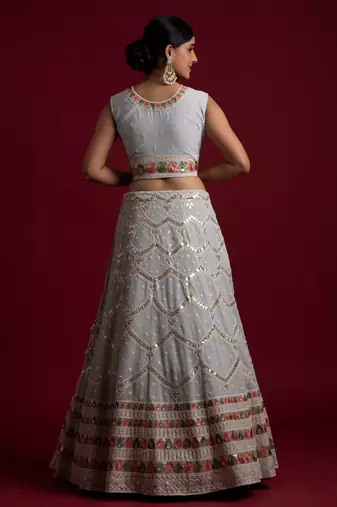  Grey Color Georgette Base Resham And Gota Work Lehenga Choli For Women