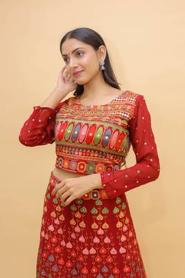  Mirror And Thread Work Red Color Georgette Lehenga Choli For Women 3