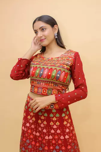  Mirror And Thread Work Red Color Georgette Lehenga Choli For Women