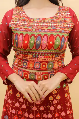  Mirror And Thread Work Red Color Georgette Lehenga Choli For Women