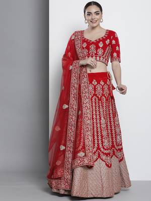 Fusionic Delightful Red Velvet Base Embroidered Lehenga Choli For Women 1