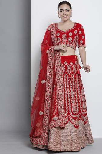 Fusionic Delightful Red Velvet Base Embroidered Lehenga Choli For Women