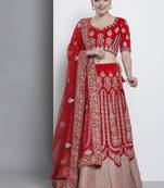 Fusionic Delightful Red Velvet Base Embroidered Lehenga Choli For Women