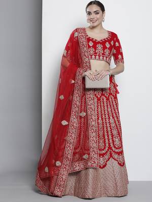 Fusionic Delightful Red Velvet Base Embroidered Lehenga Choli For Women 4
