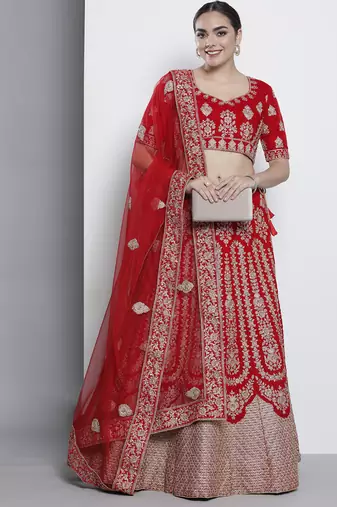 Fusionic Delightful Red Velvet Base Embroidered Lehenga Choli For Women