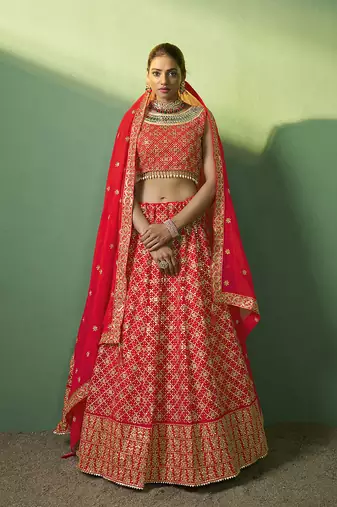 red Bridesmaid lehenga choli with dupatta set