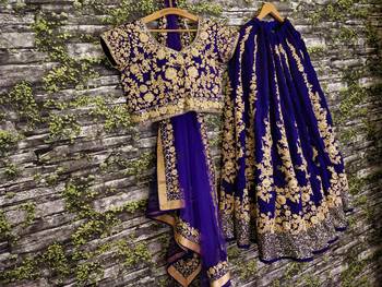 royal blue raw silk lehenga set choli with dupatta & dupatta  5