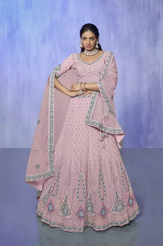 pink heavy work lehenga with vibrant blouse and contrast dupatta