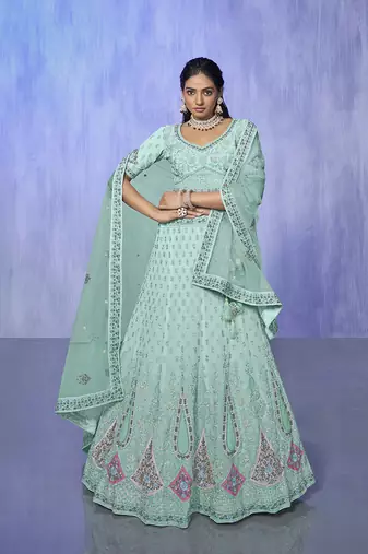 blue heavy work lehenga with vibrant blouse and contrast dupatta