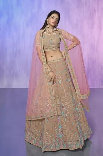 mauve heavy work lehenga with vibrant blouse and contrast dupatta