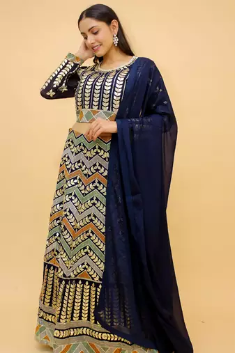  Navy Blue Color Resham And Dori Work Crop Top Lehenga For Women