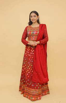  Mirror And Thread Work Red Color Georgette Lehenga Choli For Women 5
