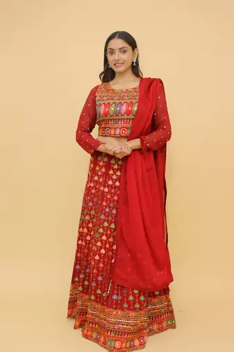  Mirror And Thread Work Red Color Georgette Lehenga Choli For Women