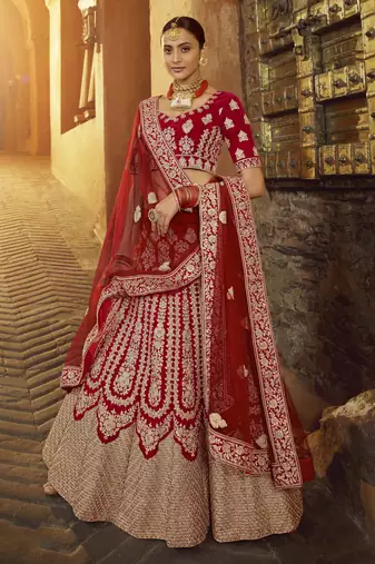 Fusionic Delightful Red Velvet Base Embroidered Lehenga Choli For Women