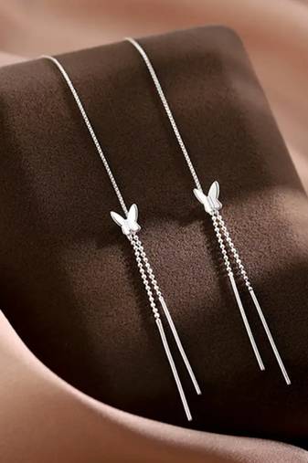 Designer long silver plated butterfly korean earrings for women