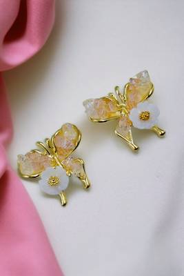 Pink enamel butterfly shape pearl drop gold plated earring for women 1