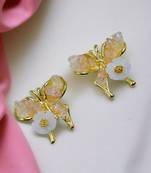 Pink enamel butterfly shape pearl drop gold plated earring for women