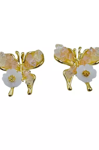 Pink enamel butterfly shape pearl drop gold plated earring for women