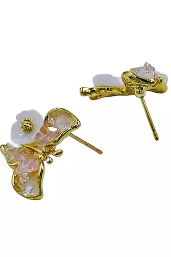 Pink enamel butterfly shape pearl drop gold plated earring for women
