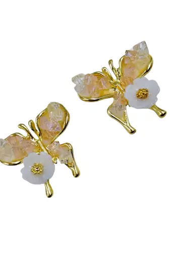 Pink enamel butterfly shape pearl drop gold plated earring for women