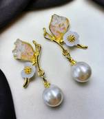 Pink enamel western butterfly shape pearl drop gold plated earring for women