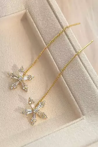 Gold plated cubic zirconia studded flower shape party earring for women