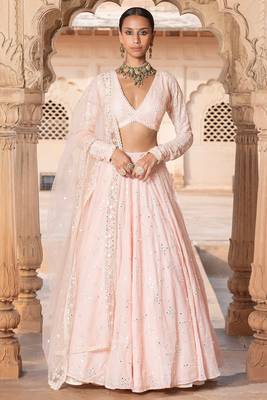 PEACH SEQUINE EMBROIDERY WORK SILK BLAND A LINE WEDDING WEAR LEHENGA CHOLI WITH DUPATTA. 1