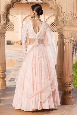 PEACH SEQUINE EMBROIDERY WORK SILK BLAND A LINE WEDDING WEAR LEHENGA CHOLI WITH DUPATTA. 2