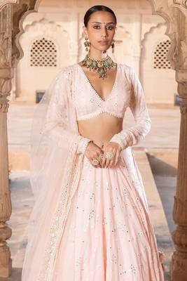 PEACH SEQUINE EMBROIDERY WORK SILK BLAND A LINE WEDDING WEAR LEHENGA CHOLI WITH DUPATTA. 4