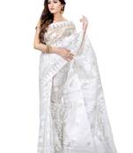 Cotton blend handloom white jamdani saree