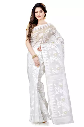 Cotton blend handloom white jamdani saree