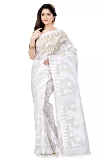 Cotton blend handloom white jamdani saree