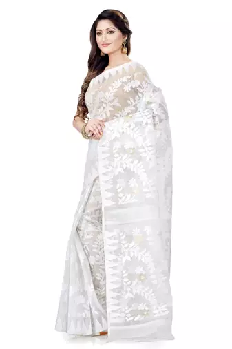 Cotton blend handloom white jamdani saree