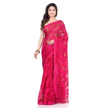 Cotton blend handloom pink jamdani saree 1
