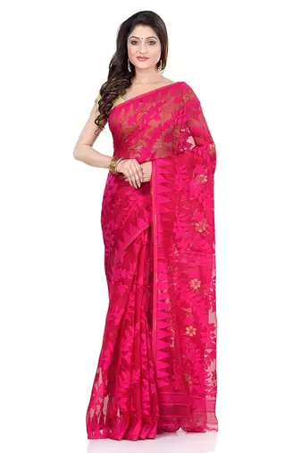 Cotton blend handloom pink jamdani saree