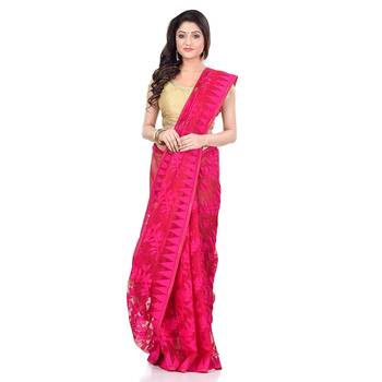 Cotton blend handloom pink jamdani saree 3