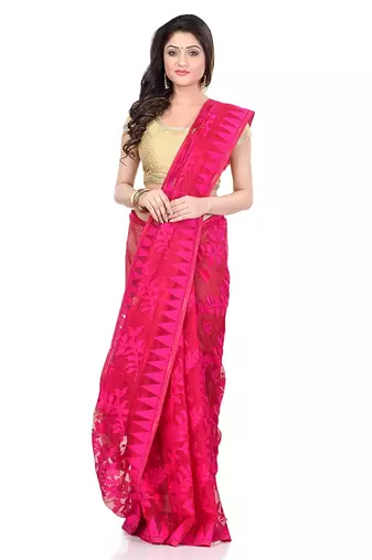 Cotton blend handloom pink jamdani saree