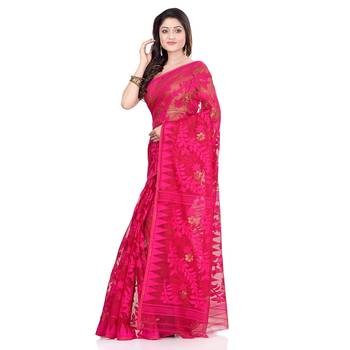 Cotton blend handloom pink jamdani saree 4