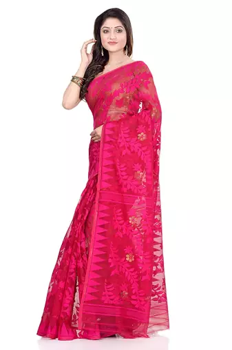 Cotton blend handloom pink jamdani saree