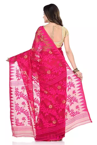 Cotton blend handloom pink jamdani saree