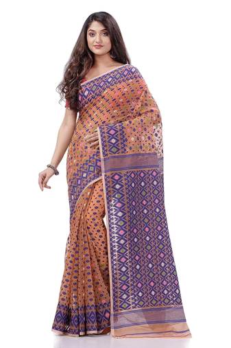 Cotton blend handloom peach jamdani saree