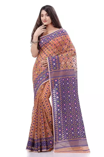 Cotton blend handloom peach jamdani saree