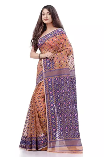 Cotton blend handloom peach jamdani saree