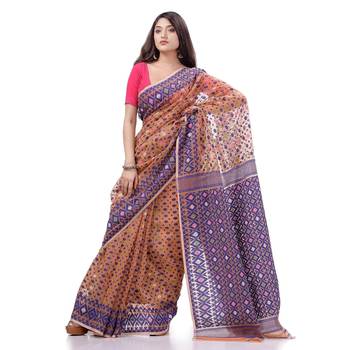 Cotton blend handloom peach jamdani saree 4