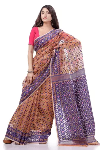 Cotton blend handloom peach jamdani saree