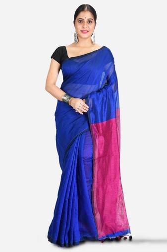 Cotton blend handloom blue saree