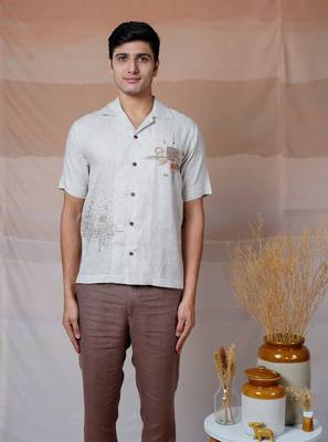Beige hand embroidered linen shirt - modern minimalist 1