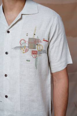 Beige hand embroidered linen shirt - modern minimalist 2