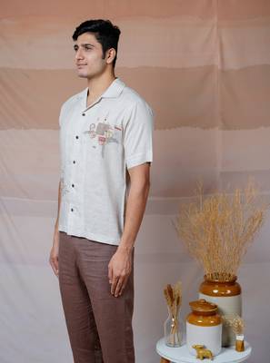 Beige hand embroidered linen shirt - modern minimalist 3