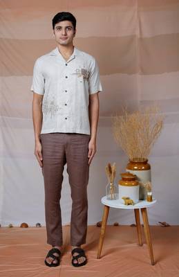 Beige hand embroidered linen shirt - modern minimalist 5